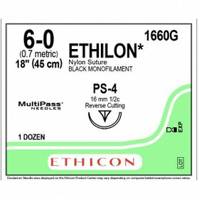 Precision Point Nonabsorbable Nylon Surgical Monofilament Suture, Pliabilized, Black, 6/0, 18", PS-4 Needle