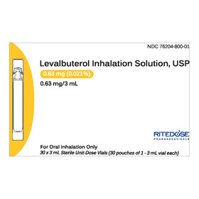 Ritedose Pharmaceuticals Levalbuterol HCl, Preservative Free 0.63 mg / 3 mL Solution Nebulizer Vial