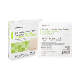 Thin Foam Dressing McKesson Lite 6 X 6 Inch With Border Film Backing Silicone Gel Adhesive Square Sterile