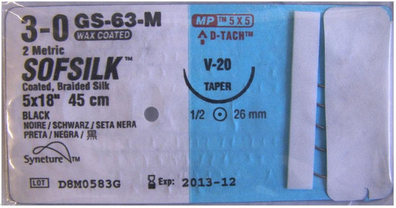 Sofsilk non-absorbable silk suture - size: 5-0, length: 18 in (45 cm), needle name: CV-22, needle type: taper point, color: black, quantity: box of 36
