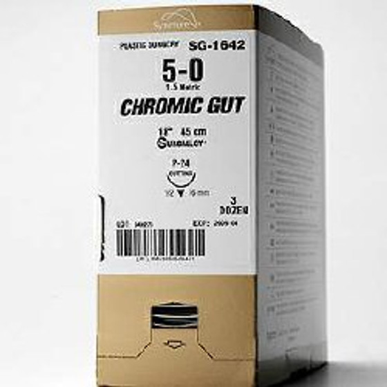 Chromic gut absorbable suture - size: 5-0, length: 18 in (45 cm), needle name: C-1, needle type: reverse cutting, color: undyed