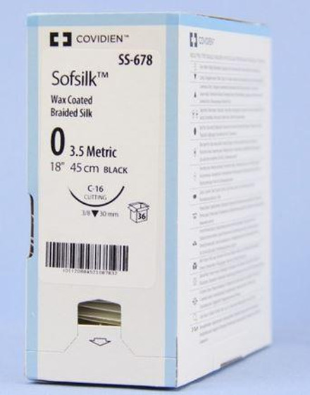Sofsilk non-absorbable silk suture - size: 0, length: 18 in (45 cm), needle name: C-16, needle type: reverse cutting, color: black, quantity: box of 36, SS-678