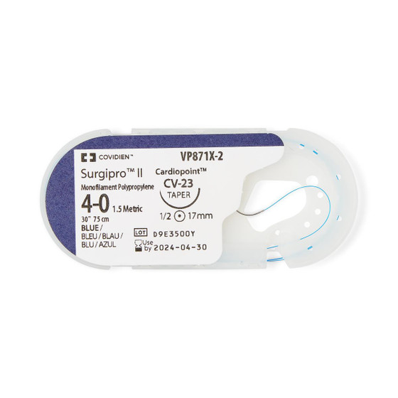 Surgipro II non-absorbable polypropylene suture size: 3-0, length: 30 in (75 cm), needle name: CV-23, needle type: taper point, color: blue, quantity: box of 36, VP872X-2