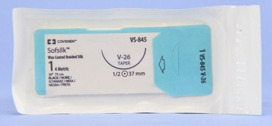 Sofsilk non-absorbable silk suture - size: 1, length: 30 in (75 cm), needle name: V-26, needle type: taper point, color: black, quantity: box of 36, VS-845