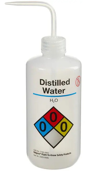 Thermo Scientific Nalgene Narrow-Mouth Right-to-Know LDPE Wash Bottles 500 mL, Ethyl Alcohol 500 mL, Distilled Water, 6/Pack