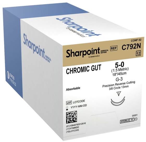 Absorbable Suture with Needle Surgical Specialties Chromic Gut DSM13 3/8 Circle Precision Reverse Cutting Needle Size 5-0 Monofilament 12/Box