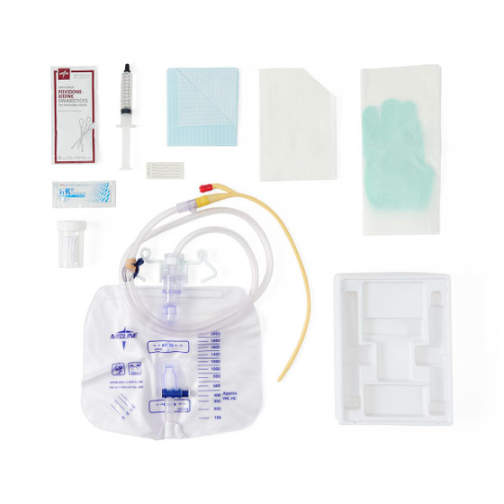 Catheter Trays: Two-Layer Tray with Drain Bag with Antireflux Tower and Silicone-Elastomer Coated Latex Foley Catheter, Drain Bag with Blunt Cannula Sample Port, 16 Fr, 10 mL