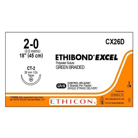 Ethibond Excel Suture 2-0 8-18" Polyester Braid CT-2 Green 12/Bx