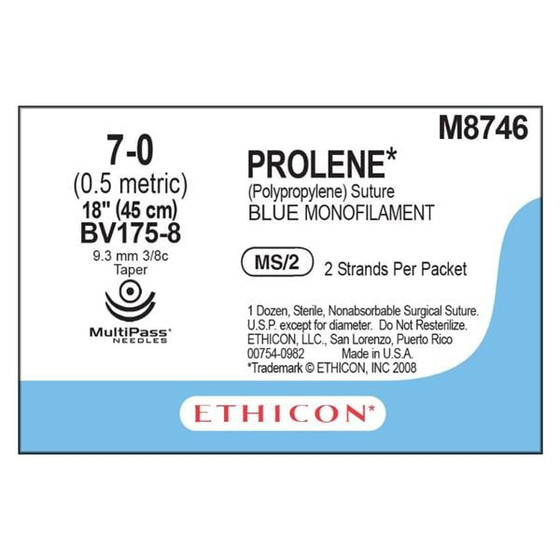 Prolene Suture 7-0 2-18" Polypropylene Monofilament BV175-8/BV175-8 Blue 12/Bx