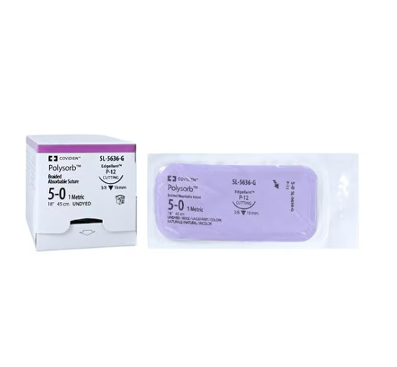 Absorbable Suture with Needle Polysorb Polyester P-12 3/8 Circle Precision Reverse Cutting Needle Size 5 - 0 Braided, SL-5636-G, BX/1