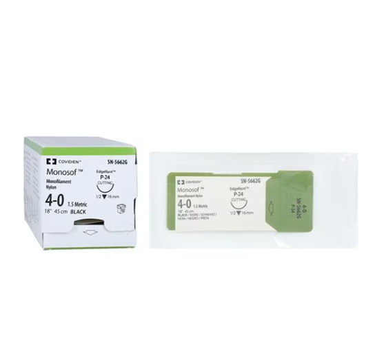 Nonabsorbable Suture with Needle Monosof~Dermalon Nylon P-24 1/2 Circle Reverse Cutting Needle Size 4 - 0 Monofilament, SN-5662G, BX/1