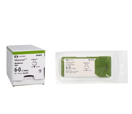 Nonabsorbable Suture with Needle Monosof~Dermalon Nylon P-13 3/8 Circle Precision Reverse Cutting Needle Size 6 - 0 Monofilament, SN-5696G, BX/12