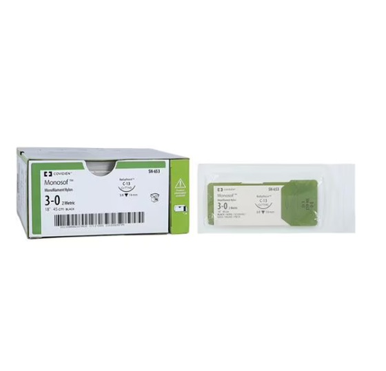 Nonabsorbable Suture with Needle Monosof~Dermalon Nylon C-13 3/8 Circle Reverse Cutting Needle Size 3 - 0 Monofilament, SN-653, BX/1