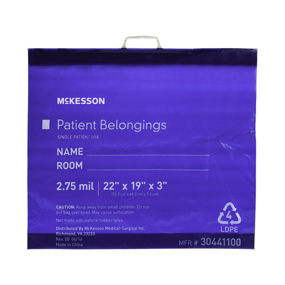 Patient Belongings Bag McKesson 3 X 19 X 22 Inch Polyethylene Snap Closure Blue