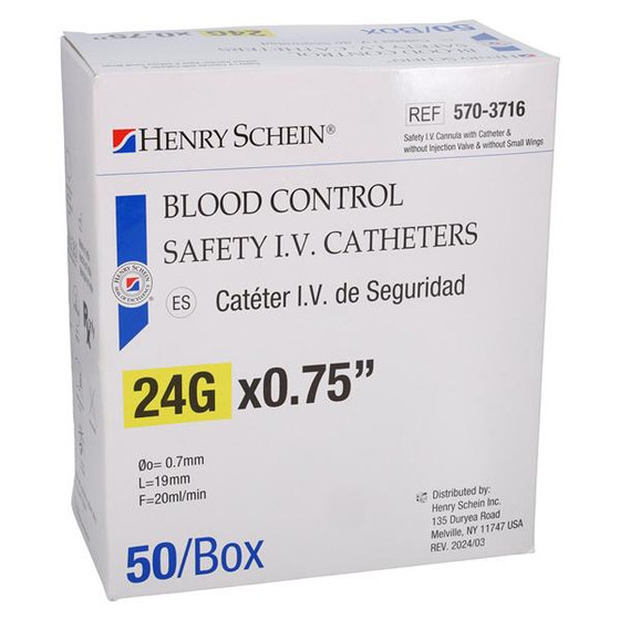 Henry Schein Blood Control IV Catheter Push Button 24 Gauge 0.75" , 5703716