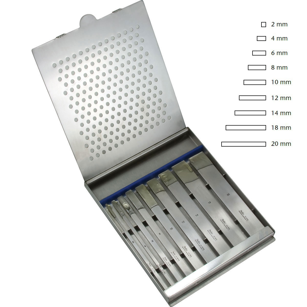 Miltex Set Of 9 Swiss Pattern Osteotomes 2 mm To 20 mm, Complete In Fitted Sterilizer Case, 27-610