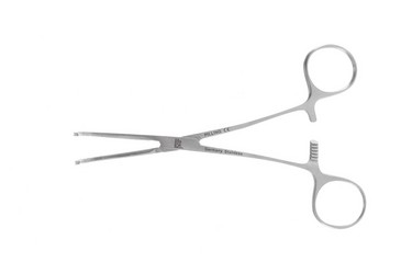 Castaneda Pediatric Clamps 5 7/8" (15.0 cm), Long, small jaw, 1 mm thick, 9/16" (1.5 cm), spring handle, 1 x 6 ratchets, 357191