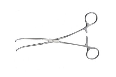 Miniature Satinsky Reynolds Clamps 7 1/4" (18.5 cm) Angled 50 degrees, small jaw, (A) length 1" (2.5 cm), (A) depth 1/4" (6 mm), 354180