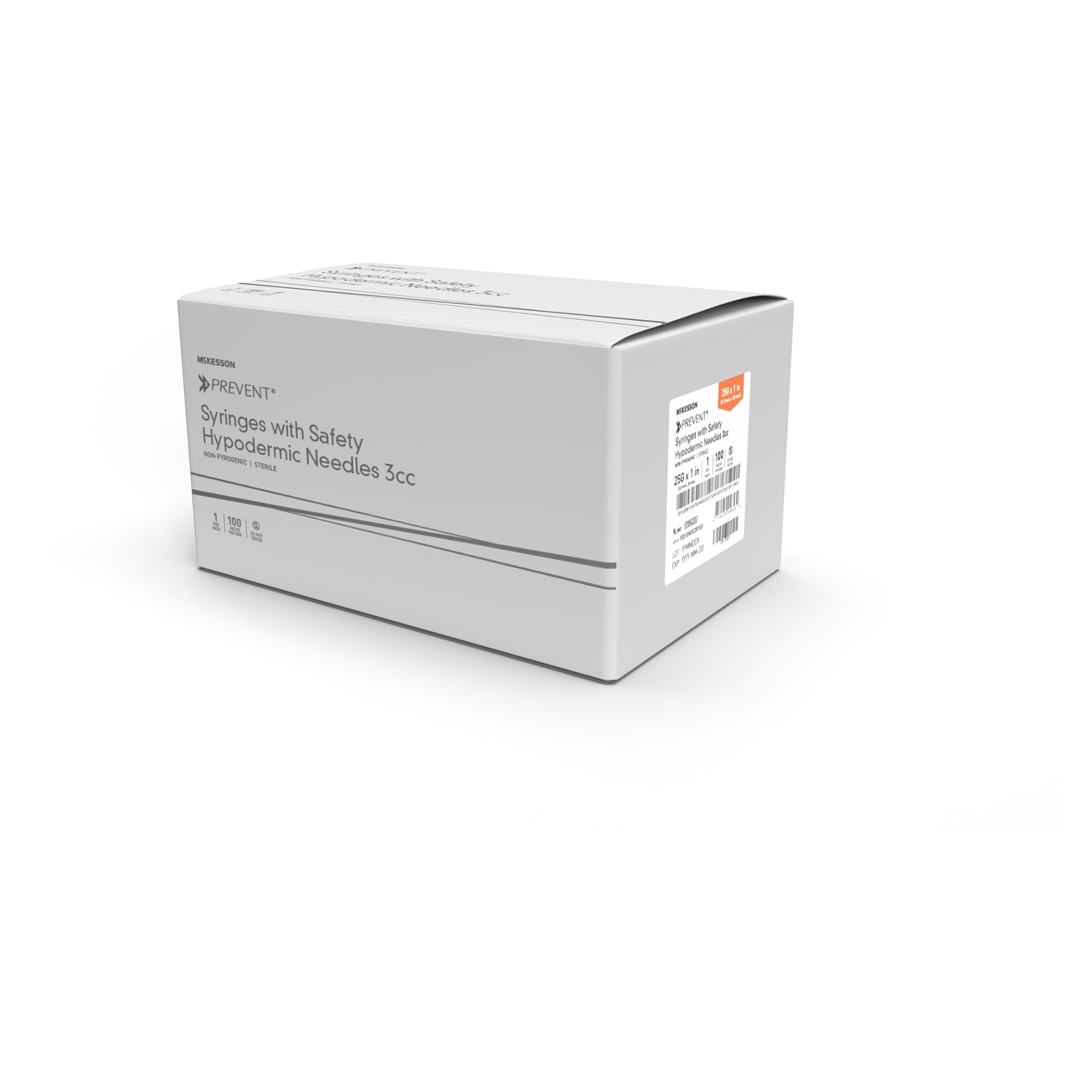 Safety Hypodermic Syringe with Needle McKesson Prevent 3 mL 1 Inch 23 Gauge Hinged Safety Needle Ultra Thin Wall, 100/Box
