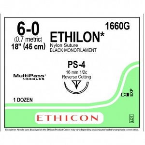 Precision Point Nonabsorbable Nylon Surgical Monofilament Suture, Pliabilized, Black, 6/0, 18", PS-4 Needle