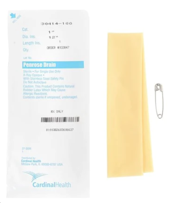 Surgical Penrose Drain, with Safety Pin, Sterile, Flat, 1", 12" Medex