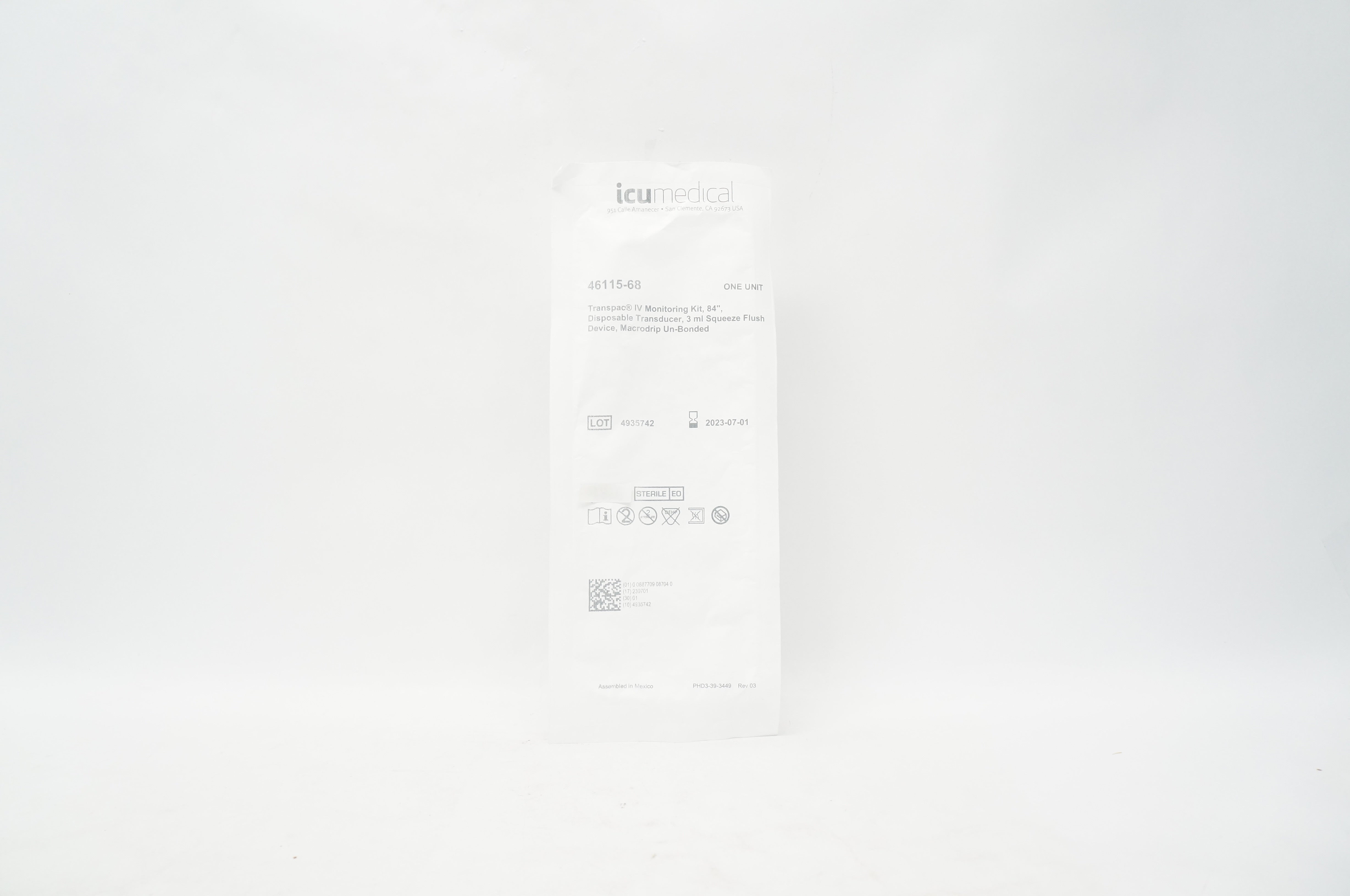 Transpac Iv Monitoring Kit, 84", Disposable Transducer, 3 Ml Squeeze Flush Device, Macrodrip Un-Bonded, 20/CS