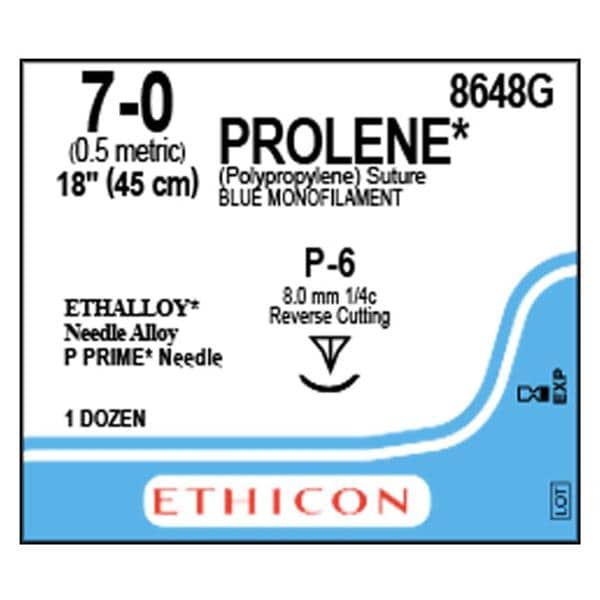 Prolene Suture 7-0 1x18" Polypropylene Monofilament P-6 Blue 12/Bx