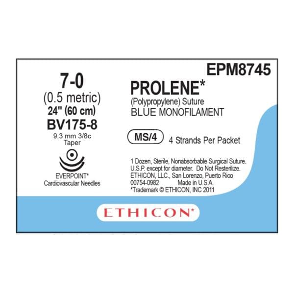 PROLENE Polypropylene Suture 7-0 Blue 4 X 24" BV175-8 EVP Double Armed 12/Bx