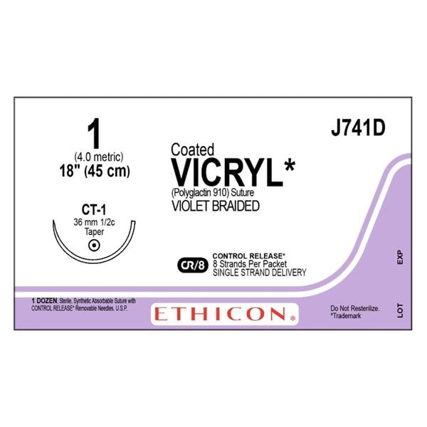 Vicryl Suture 1 8-18" Polyglactin 910 Braid CT-1 Violet 12/Bx