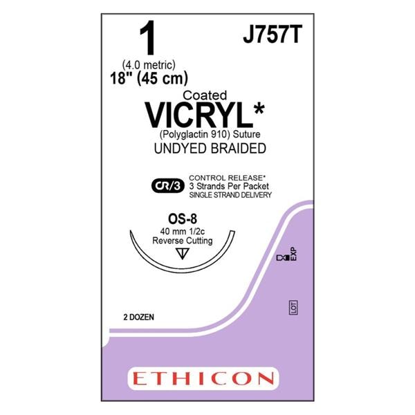 Coated Vicryl Suture 1 18" Polyglactin 910 Braid OS-8 Undyed 24/Bx