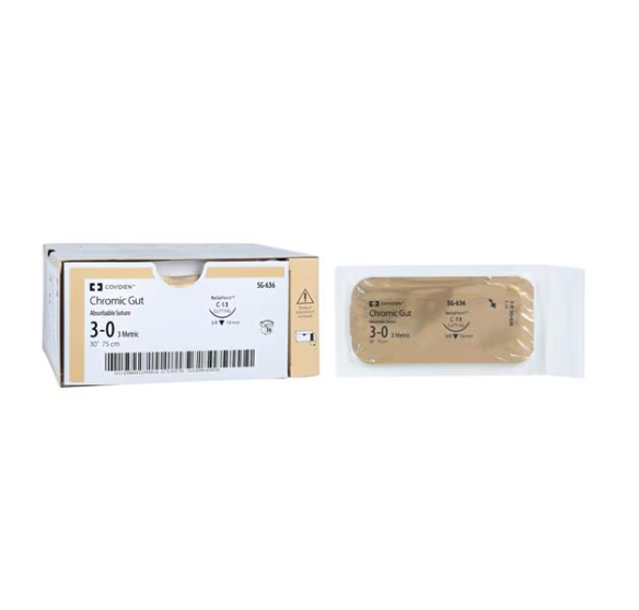 Absorbable Suture with Needle Chromic Gut C-13 3/8 Circle Reverse Cutting Needle Size 3 - 0, SG-636, BX/36