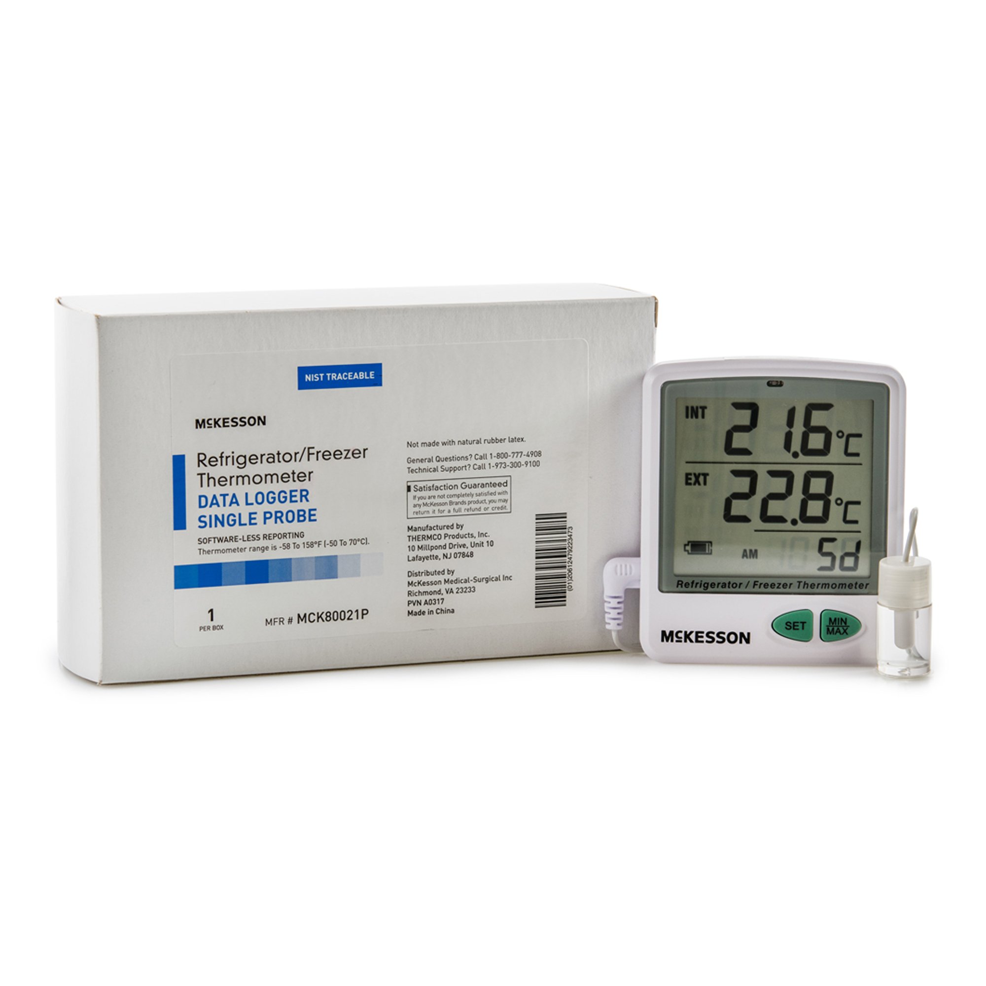 Datalogging Refrigerator / Freezer Thermometer with Alarm McKesson Fahrenheit / Celsius -50° to +158°F (-50° to +70°C) Flip-out Stand Battery Operated