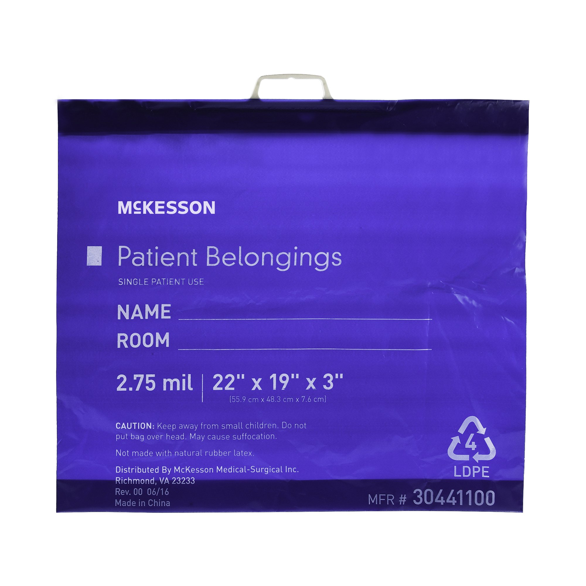 Patient Belongings Bag McKesson 3 X 19 X 22 Inch Polyethylene Snap Closure Blue