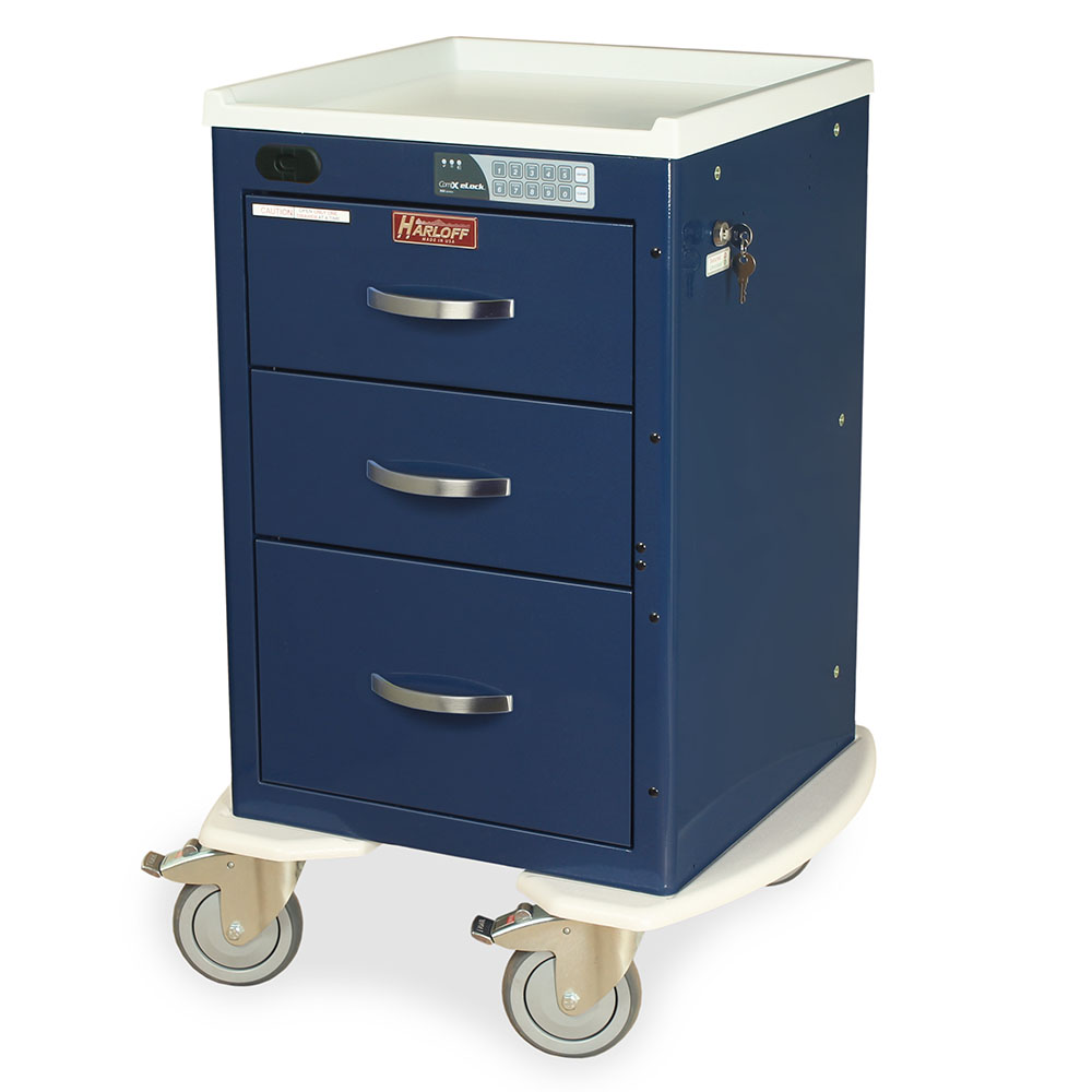A-Series Lightweight Narrow Auto Locking Mini Width Cart, X-Short Height, Three Drawers, Electronic Keypad Lock with Proximity Reader, MPA1821ELP03