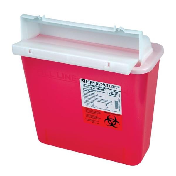 Henry Schein Sharps Container 5qt Red 10x4.4x9.2" Counterbalanced Side Entry Polypropylene, 0354-150M-HS