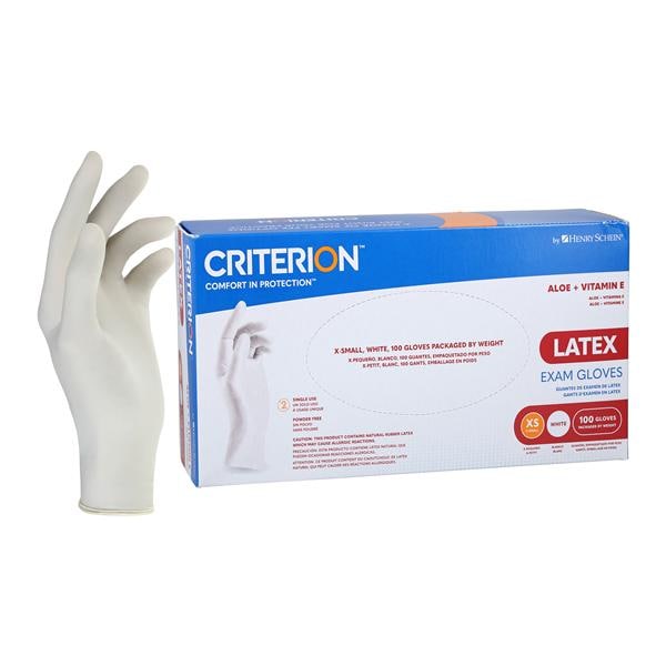 Henry Schein Criterion Aloe + Vitamin E Latex Exam Gloves X-Small Standard White Non-Sterile, 5703448