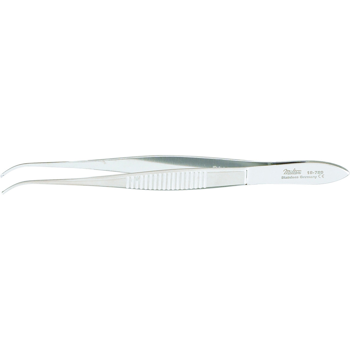 Miltex Iris Tissue Forceps, 3-7/8" (99Mm), Delicate Pattern, Half Curved, 1 X 2 Teeth, 0.6Mm Wide Tips, 18-789