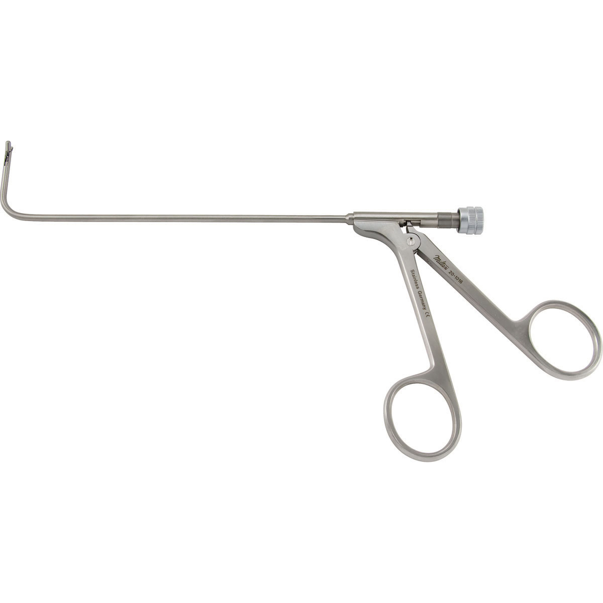 
Miltex Frontal Sinus Recess Giraffe Forceps, 5-1/2" Shaft, 2 X 4 Mm, 90 Degree Horizontal Jaws, Luer Lock Port/Cleaning, 20-1016