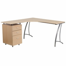 Flash Furniture Beech Laminate L-Shape Computer Desk with Three Drawer Pedestal