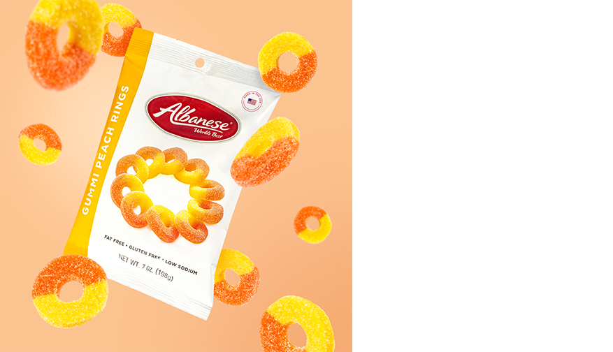 thumbnail image 2 of Albanese Peach Rings – 4.5 Pound Bulk Bag, Classic Peach Gummies, Free Shipping 2 of 6