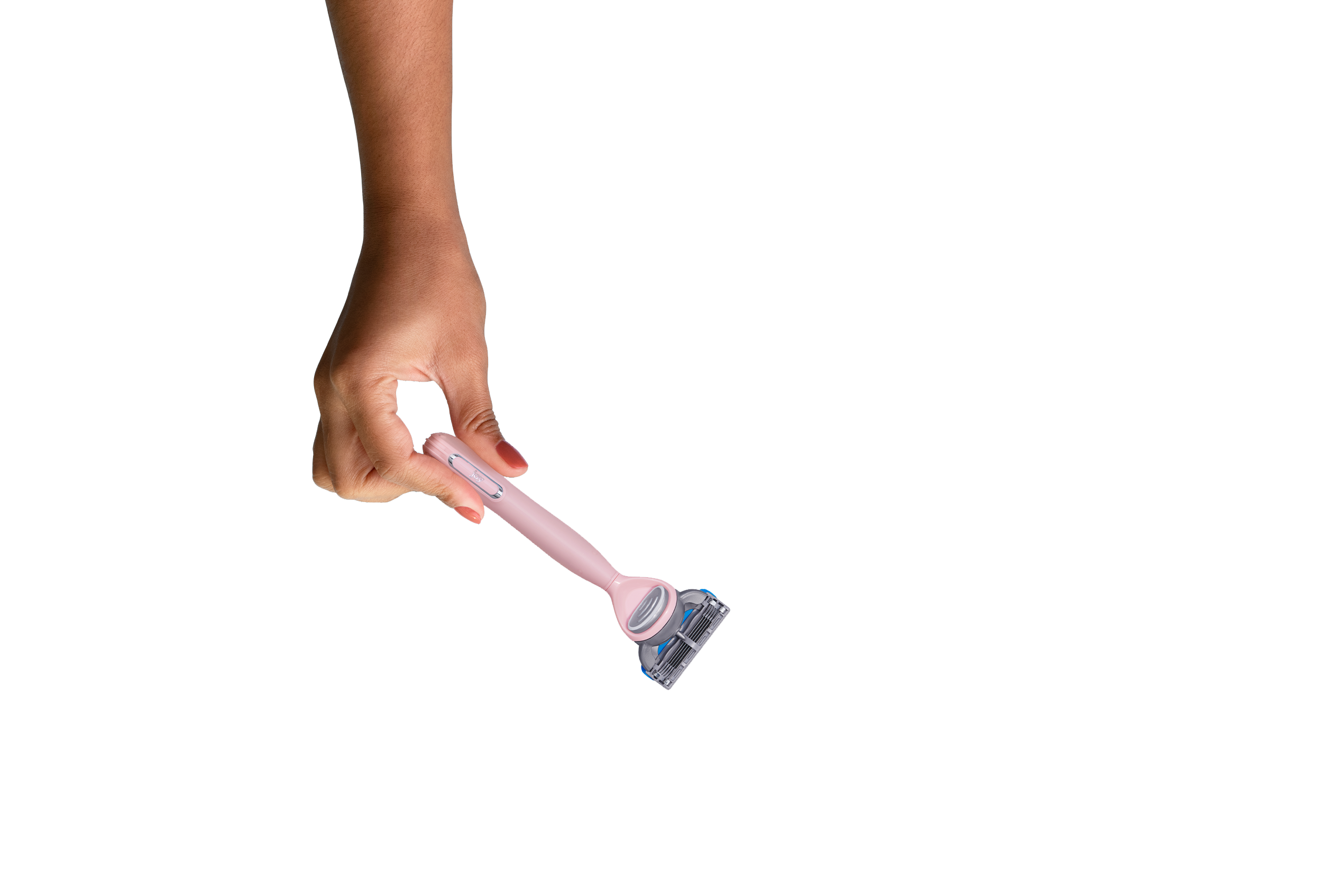 woman’s hand holding light pink joy shaving razor