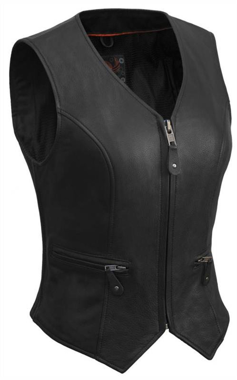 True Element Womens Short Fitted Motorcycle Leather Vest With Side