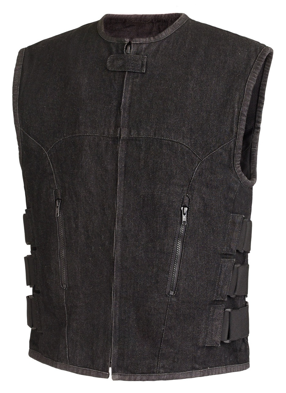 Mens Black Denim Motorcycle CLUB VEST® with Zipper & Button Snap Front  Closure, Gun Pockets