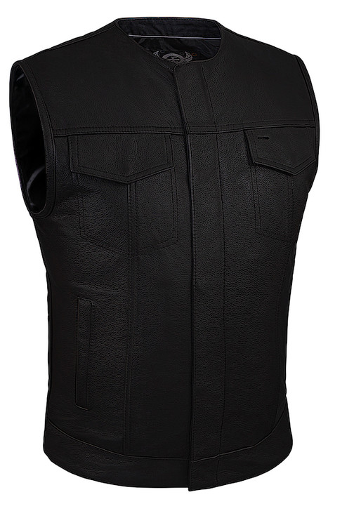 True Element Mens Round Neck Collarless Leather Motorcycle Vest (Black, Sizes S-5XL)