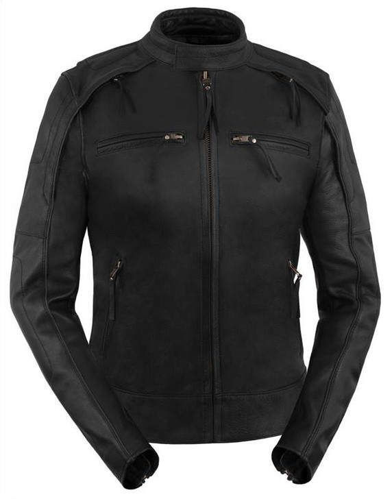 True Element Womens Scooter Collar Leather Motorcycle Jacket With Reflective Piping (Black, Sizes XS-3XL)