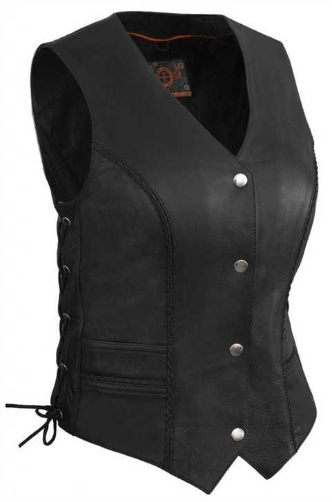 True Element Womens Braided Motorcycle Leather Vest With Side Laces (Black, Sizes XS-3XL)