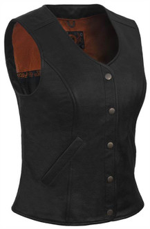 True Element Womens Premium Longer Length Motorcycle Leather Vest (Black, Sizes XS-3XL)