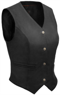 True Element Womens Premium Snap Front Fitted Motorcycle Leather Vest (Black, Sizes XS-3XL)