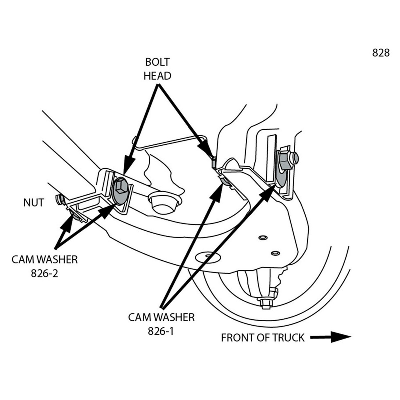 44-826 - 1996-2002 Toyota 4-Runner / 1995-2004 Tacoma Front Alignment Greaseable Camber / Caster Cam Bolt Set Installation Diagram