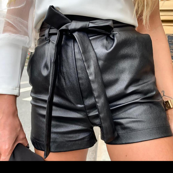 Black Leather Shorts with Belt - High Waist Design